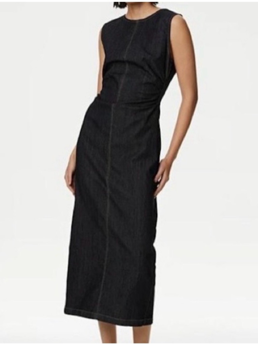 NWT Marks & Spencer Dark Indigo Denim Round Neck Ruched Midi Column Dress, SZ 14